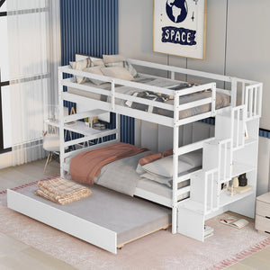 English Elm Twin Over Bunk Bed with Trundle Staircase Storage Steps White Pine Frame W697S00011