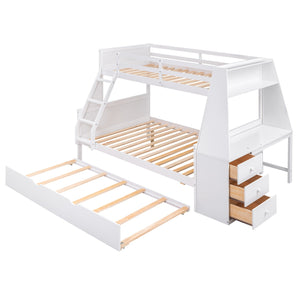 English Elm Twin Bunk Bed with Trundle, Built-In Desk, 3 Storage Drawers & Safety Rails — Space-Saving Starter White GX000316AAK