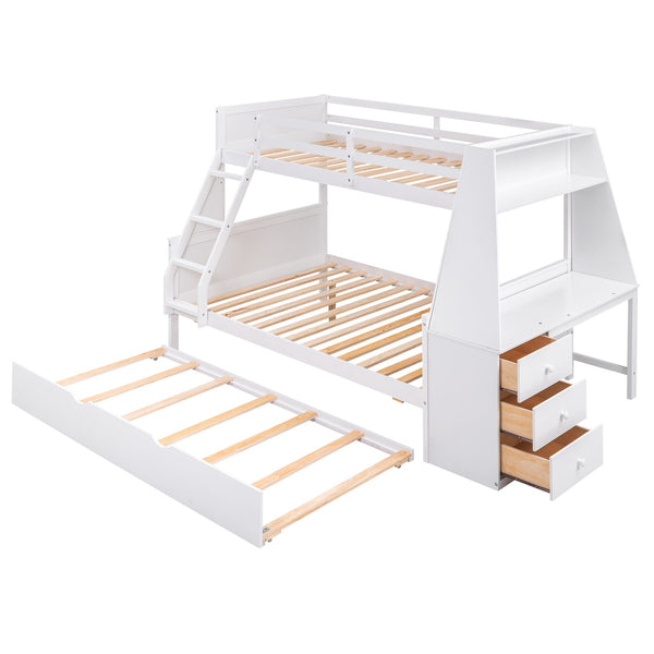 English Elm Twin Bunk Bed with Trundle, Built-In Desk, 3 Storage Drawers & Safety Rails — Space-Saving Starter White GX000316AAK