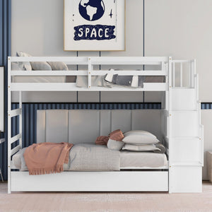 English Elm Twin Over Bunk Bed with Trundle Staircase Storage Steps White Pine Frame W697S00011