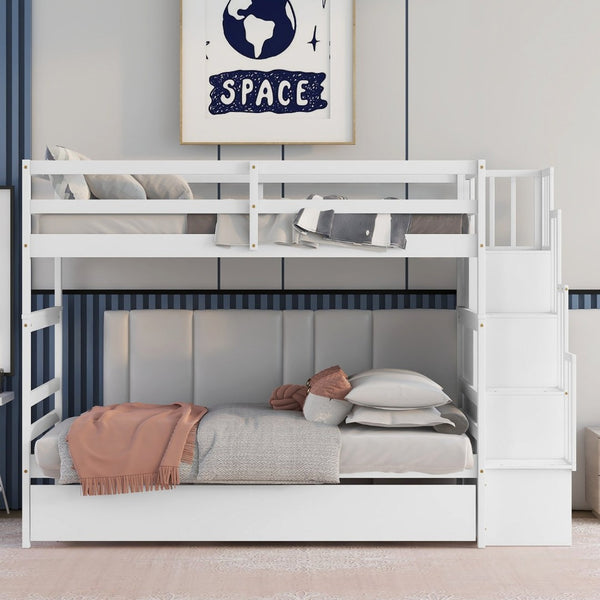 English Elm Twin Over Bunk Bed with Trundle Staircase Storage Steps White Pine Frame W697S00011