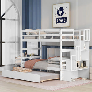 English Elm Twin Over Bunk Bed with Trundle Staircase Storage Steps White Pine Frame W697S00011