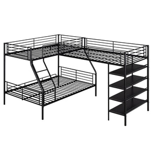 English Elm L-Shaped Metal Twin over Full Bunk Bed with Twin Loft, 4 Built-In MDF Shelves, Black, Space-Saving Design GX000617AAB