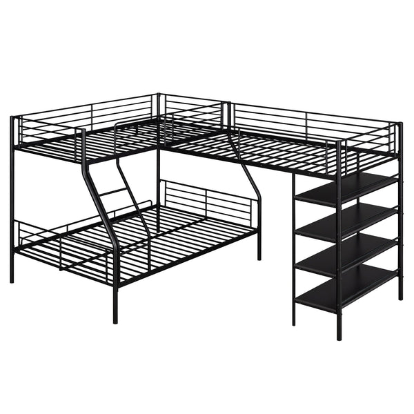 English Elm L-Shaped Metal Twin over Full Bunk Bed with Twin Loft, 4 Built-In MDF Shelves, Black, Space-Saving Design GX000617AAB