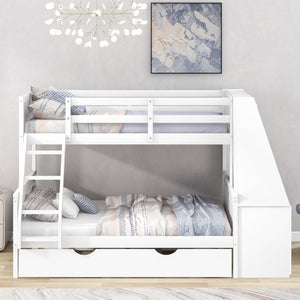 English Elm Twin Bunk Bed with Trundle, Built-In Desk, 3 Storage Drawers & Safety Rails — Space-Saving Starter White GX000316AAK
