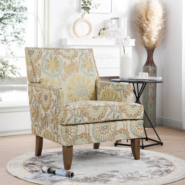 English Elm Accent Chair with Bubble Nail Trim Birch Legs and High Back for Living Room W68041067