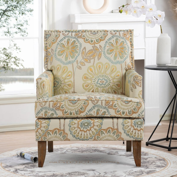 English Elm Accent Chair with Bubble Nail Trim Birch Legs and High Back for Living Room W68041067
