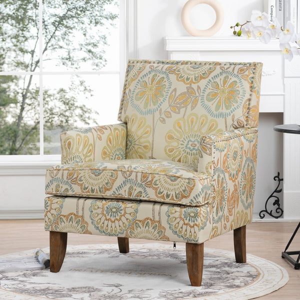 English Elm Accent Chair with Bubble Nail Trim Birch Legs and High Back for Living Room W68041067