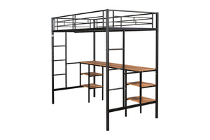 English Elm Twin-size Loft Bed with Built-In Table & Shelves, Heavy-Duty Metal, Noise-Reducing EVA, Safe Guardrail W42752472