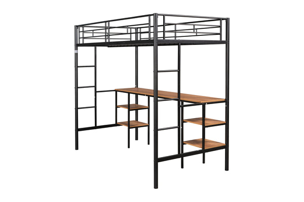 English Elm Twin-size Loft Bed with Built-In Table & Shelves, Heavy-Duty Metal, Noise-Reducing EVA, Safe Guardrail W42752472