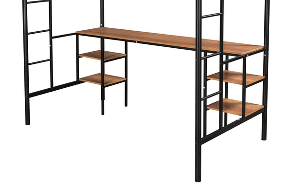 English Elm Twin-size Loft Bed with Built-In Table & Shelves, Heavy-Duty Metal, Noise-Reducing EVA, Safe Guardrail W42752472