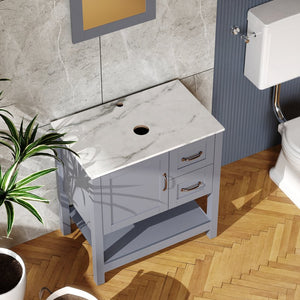 English Elm 30" Dark Hydron Blue Bathroom Vanity Combo with Marble-Pattern Top, Mirror, Faucet, Oil-Proof Coating W1223S00002