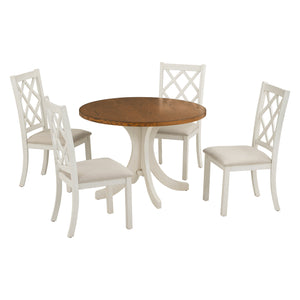 English Elm TOPMAX Mid-Century 5-Piece Round Dining Set for 4 — Walnut Table, Beige Upholstered Cross-Back Chairs SH000226AAD