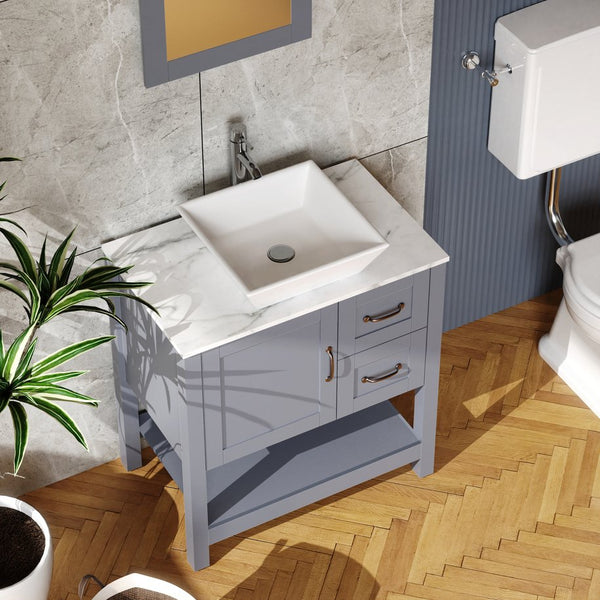 English Elm 30" Dark Hydron Blue Bathroom Vanity Combo with Marble-Pattern Top, Mirror, Faucet, Oil-Proof Coating W1223S00002