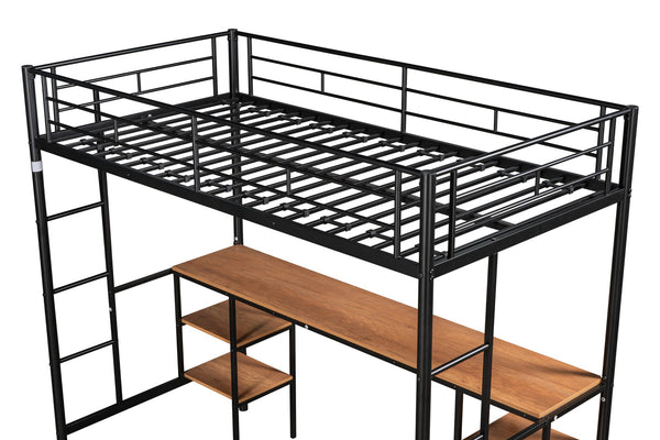 English Elm Twin-size Loft Bed with Built-In Table & Shelves, Heavy-Duty Metal, Noise-Reducing EVA, Safe Guardrail W42752472