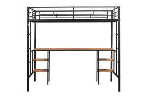 English Elm Twin-size Loft Bed with Built-In Table & Shelves, Heavy-Duty Metal, Noise-Reducing EVA, Safe Guardrail W42752472