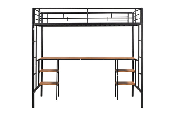 English Elm Twin-size Loft Bed with Built-In Table & Shelves, Heavy-Duty Metal, Noise-Reducing EVA, Safe Guardrail W42752472