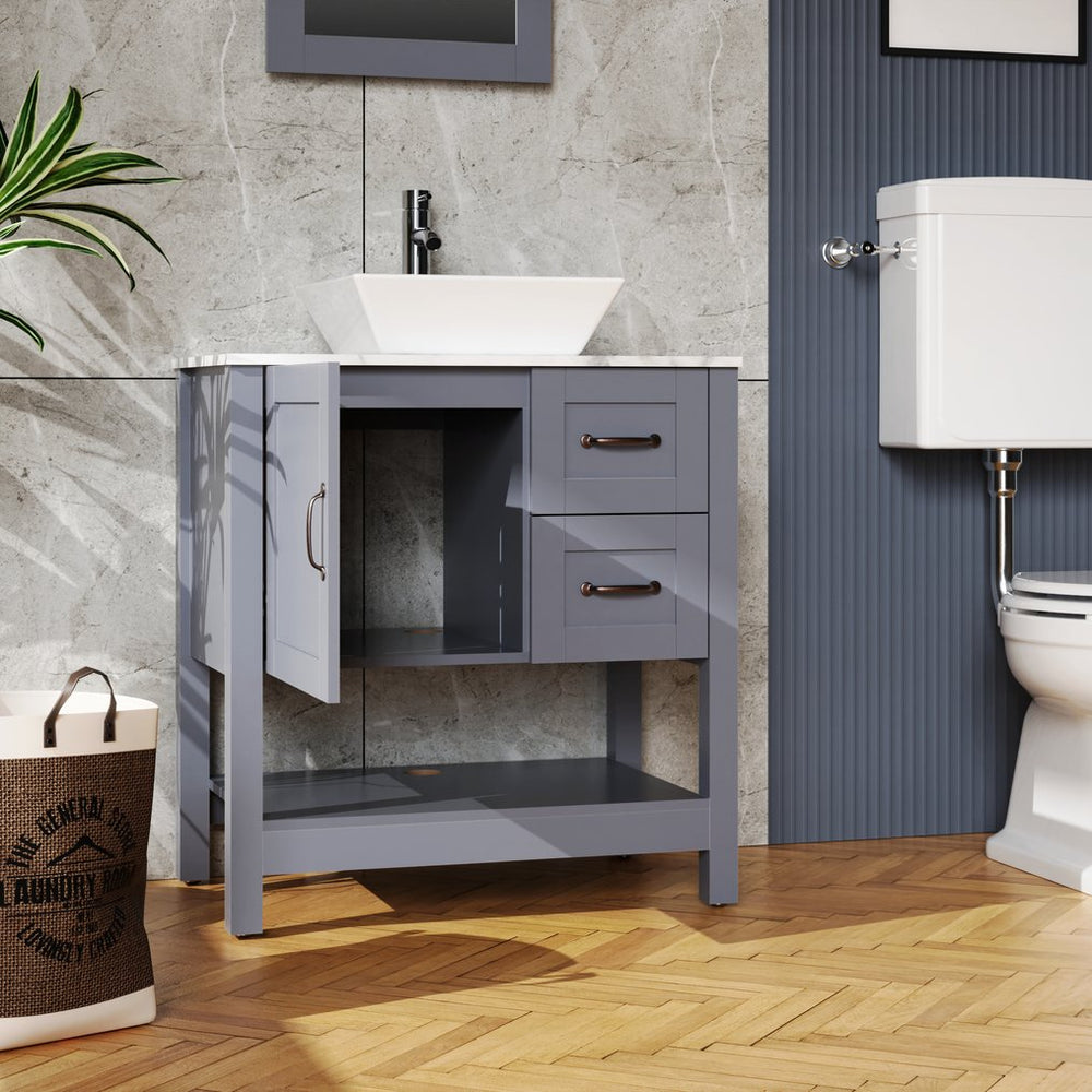 English Elm 30" Dark Hydron Blue Bathroom Vanity Combo with Marble-Pattern Top, Mirror, Faucet, Oil-Proof Coating W1223S00002
