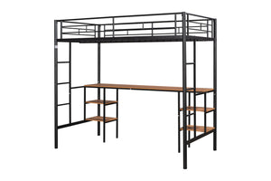English Elm Twin-size Loft Bed with Built-In Table & Shelves, Heavy-Duty Metal, Noise-Reducing EVA, Safe Guardrail W42752472