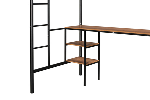 English Elm Twin-size Loft Bed with Built-In Table & Shelves, Heavy-Duty Metal, Noise-Reducing EVA, Safe Guardrail W42752472