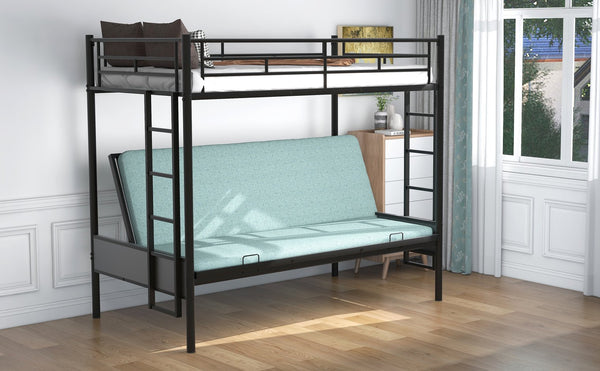 English Elm Twin Twin over Full Metal Bunk Bed with Integrated Ladder, Full-Length Guardrail, Futon-Ready Versatile Design Black N7090000674B