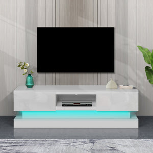 English Elm 51.18inch White High Gloss Tv Stand with Rgb Led Lighting and Dual Storage Drawers W67963294