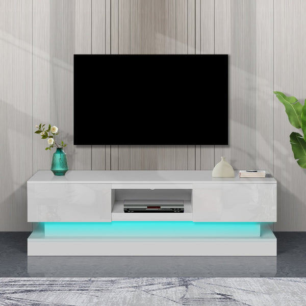 English Elm 51.18inch White High Gloss Tv Stand with Rgb Led Lighting and Dual Storage Drawers W67963294