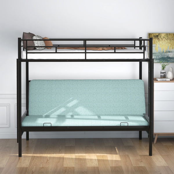 English Elm Twin Twin over Full Metal Bunk Bed with Integrated Ladder, Full-Length Guardrail, Futon-Ready Versatile Design Black N7090000674B