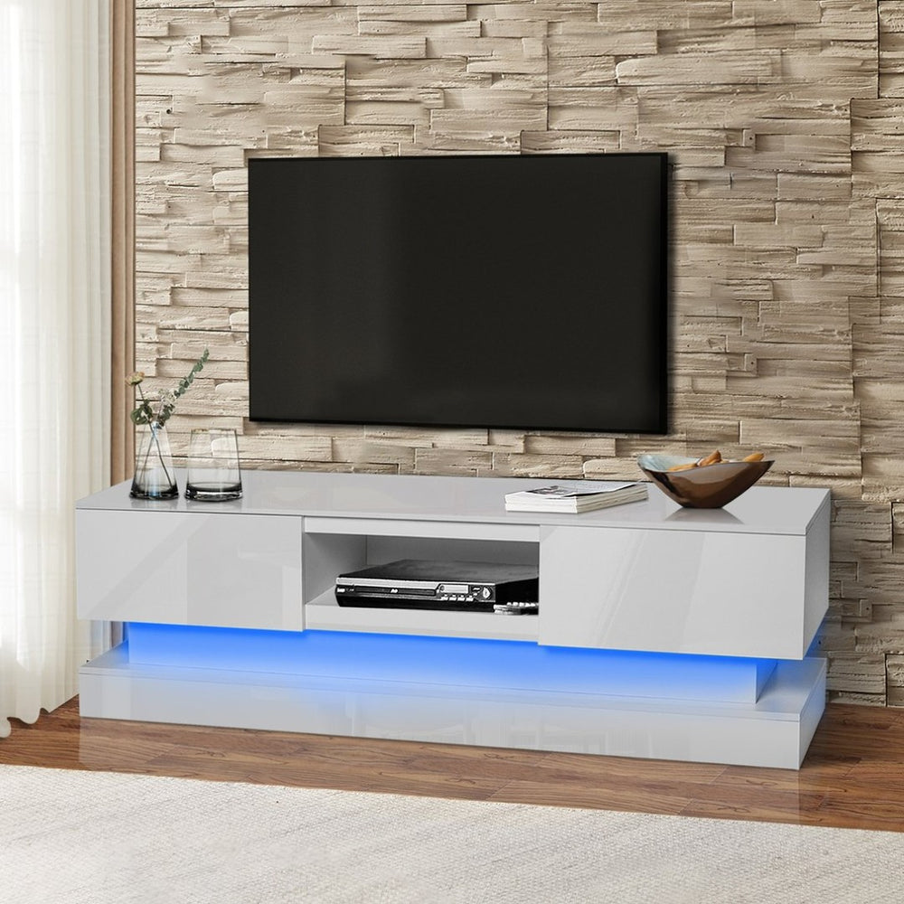 English Elm 51.18inch White High Gloss Tv Stand with Rgb Led Lighting and Dual Storage Drawers W67963294