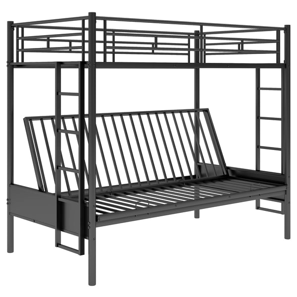 English Elm Twin Twin over Full Metal Bunk Bed with Integrated Ladder, Full-Length Guardrail, Futon-Ready Versatile Design Black N7090000674B