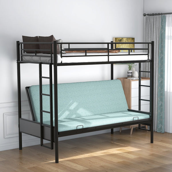 English Elm Twin Twin over Full Metal Bunk Bed with Integrated Ladder, Full-Length Guardrail, Futon-Ready Versatile Design Black N7090000674B
