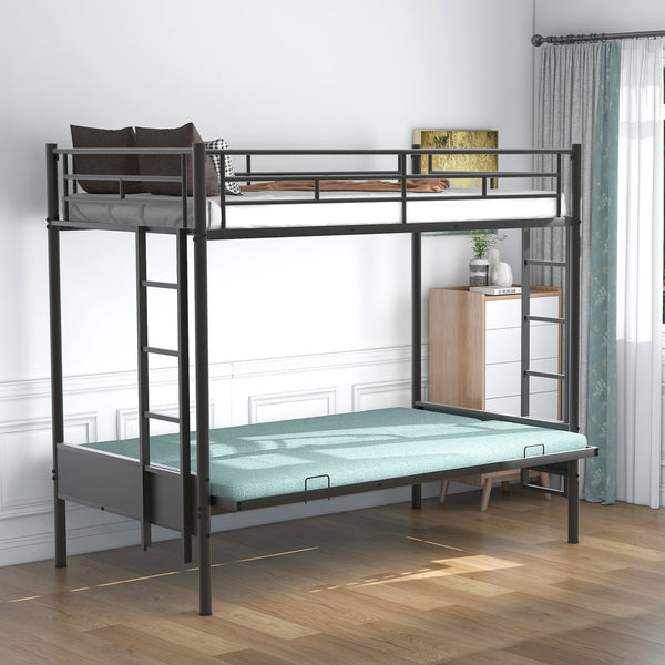 English Elm Twin Twin over Full Metal Bunk Bed with Integrated Ladder, Full-Length Guardrail, Futon-Ready Versatile Design Black N7090000674B