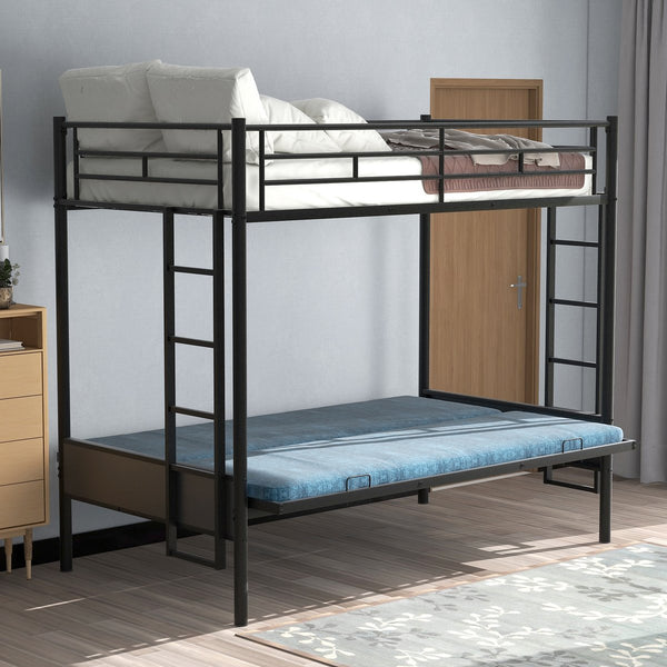 English Elm Twin Twin over Full Metal Bunk Bed with Integrated Ladder, Full-Length Guardrail, Futon-Ready Versatile Design Black N7090000674B