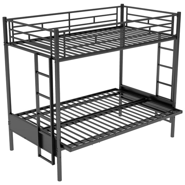 English Elm Twin Twin over Full Metal Bunk Bed with Integrated Ladder, Full-Length Guardrail, Futon-Ready Versatile Design Black N7090000674B