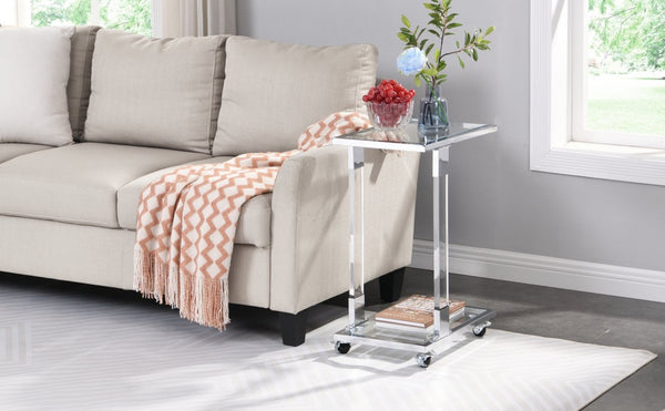 English Elm Golden Acrylic C-shaped Side Table Tempered Glass Top Rolling Casters Sofa Accent W82153573