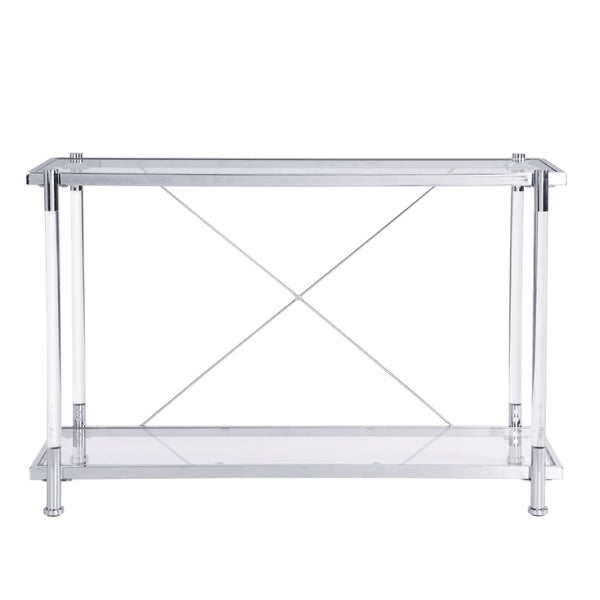 English Elm 43.31'' Two Tier Tempered Glass Console Table Chrome Acrylic Frame for Living Room W821P184417