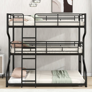 English Elm Full Triple Bunk Bed XL over Twin XL over Queen with Angled Ladder, Guardrails & Space-Saving Design Black GX000619AAB