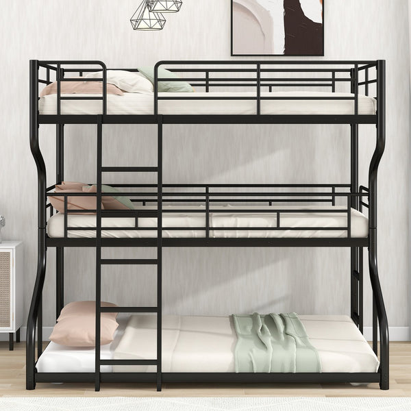 English Elm Full Triple Bunk Bed XL over Twin XL over Queen with Angled Ladder, Guardrails & Space-Saving Design Black GX000619AAB