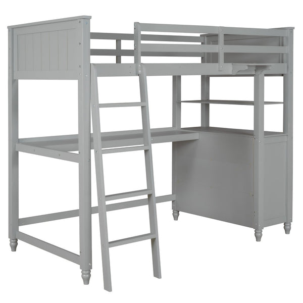 English Elm Twin Pine Wood Loft Bed with Built-in Desk Drawers and Shelf for Kids Rooms LT001530AAE-1