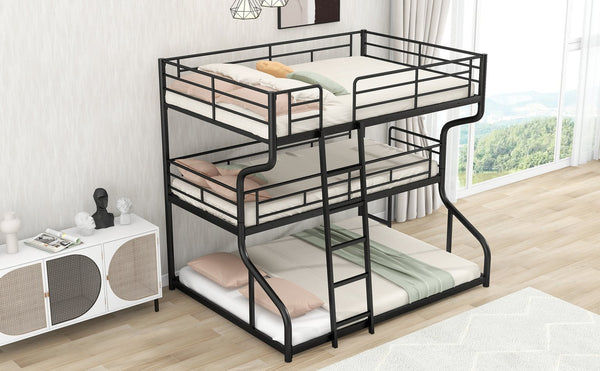 English Elm Full Triple Bunk Bed XL over Twin XL over Queen with Angled Ladder, Guardrails & Space-Saving Design Black GX000619AAB