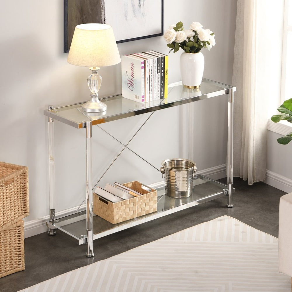 English Elm 43.31'' Two Tier Tempered Glass Console Table Chrome Acrylic Frame for Living Room W821P184417