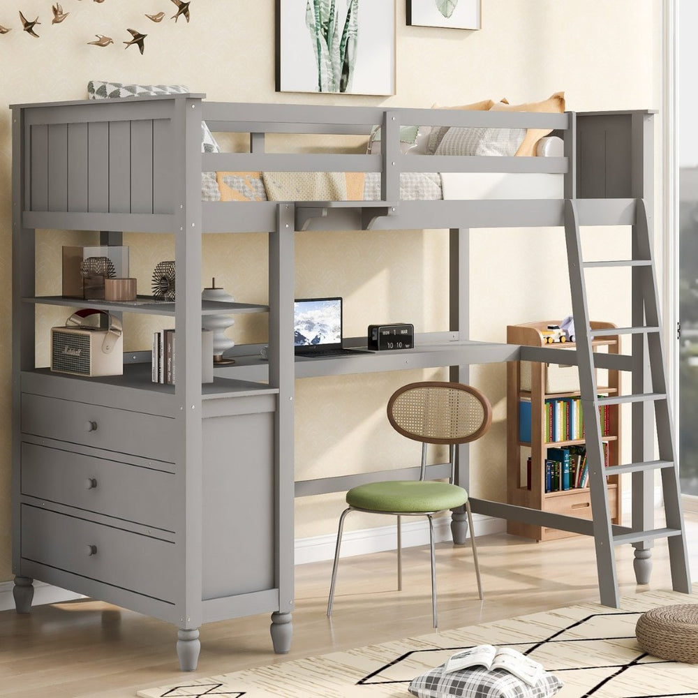 English Elm Twin Pine Wood Loft Bed with Built-in Desk Drawers and Shelf for Kids Rooms LT001530AAE-1