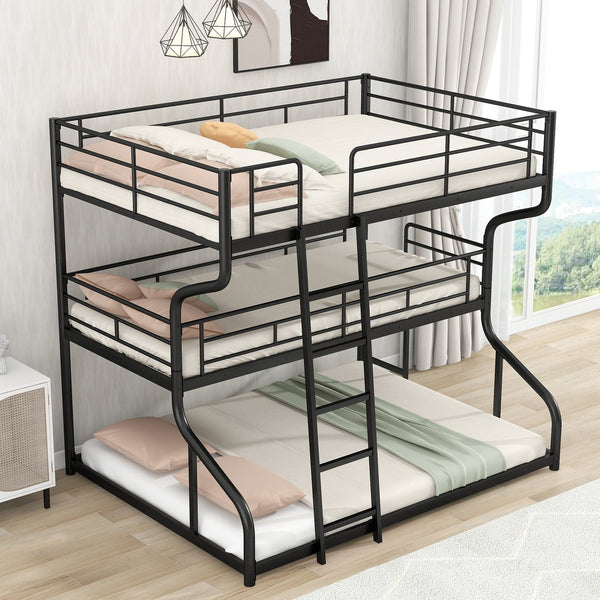 English Elm Full Triple Bunk Bed XL over Twin XL over Queen with Angled Ladder, Guardrails & Space-Saving Design Black GX000619AAB