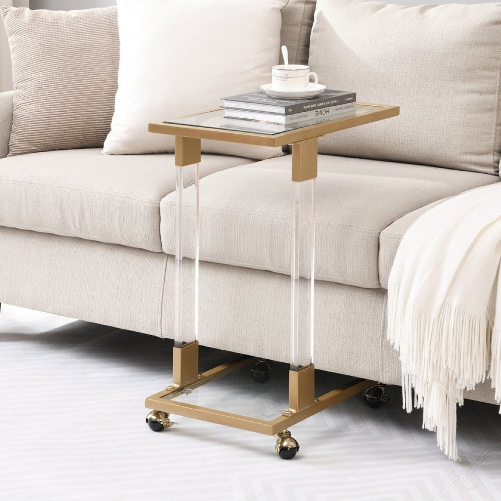 English Elm Golden Acrylic C-shaped Side Table Tempered Glass Top Rolling Casters Sofa Accent W82153574