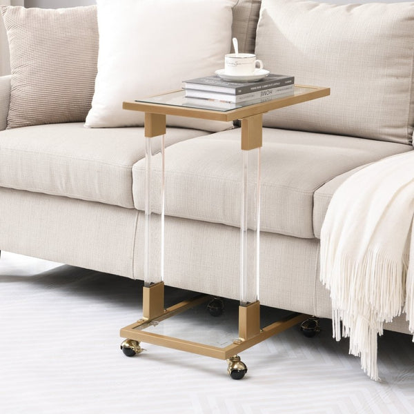 English Elm Golden Acrylic C-shaped Side Table Tempered Glass Top Rolling Casters Sofa Accent W82153574