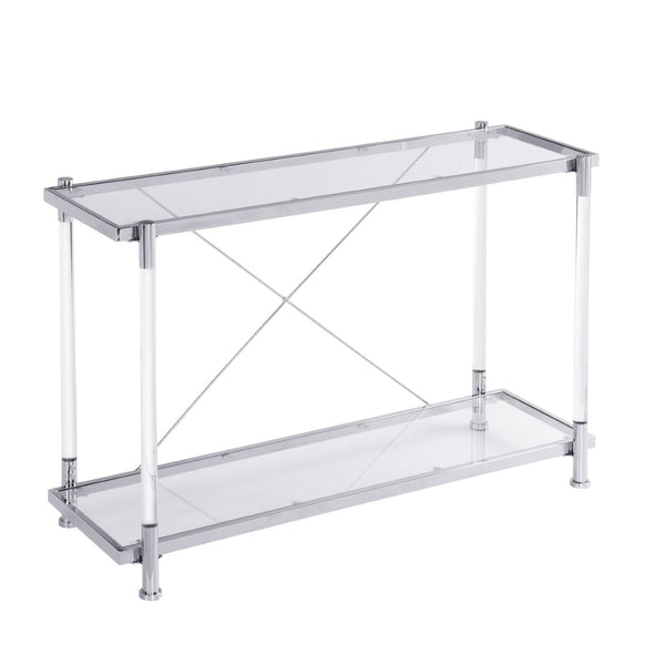 English Elm 43.31'' Two Tier Tempered Glass Console Table Chrome Acrylic Frame for Living Room W821P184417