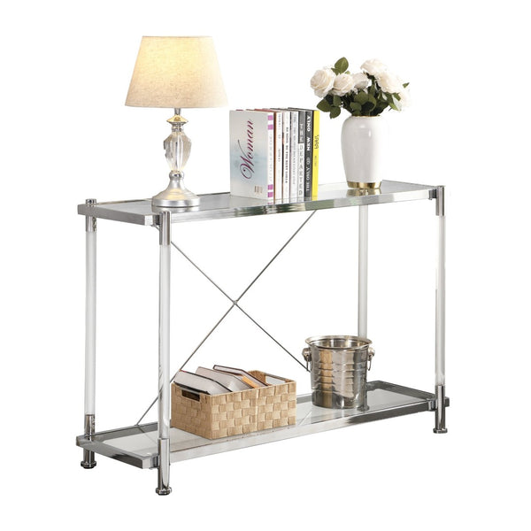 English Elm 43.31'' Two Tier Tempered Glass Console Table Chrome Acrylic Frame for Living Room W821P184417