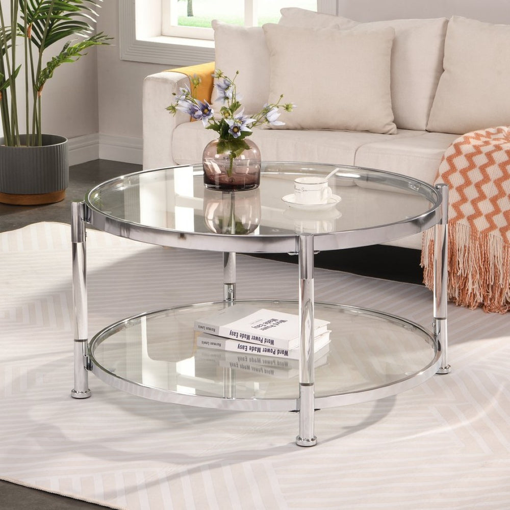 English Elm Contemporary Round Glass Coffee Table with Acrylic Legs and Chrome Frame for Living Room W82153572