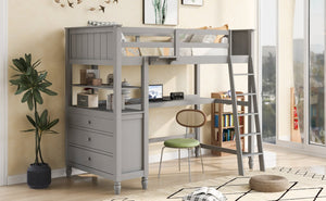 English Elm Twin Pine Wood Loft Bed with Built-in Desk Drawers and Shelf for Kids Rooms LT001530AAE-1