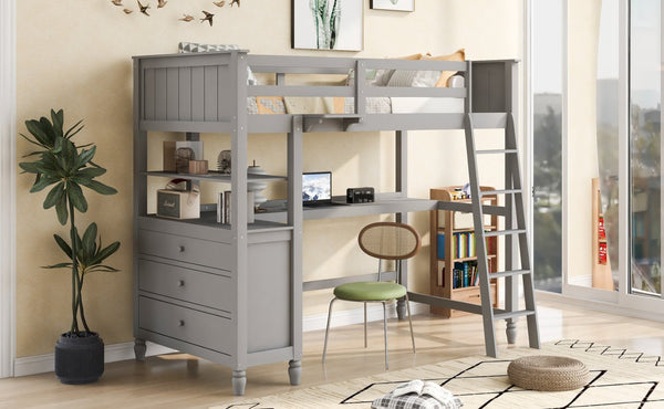 English Elm Twin Pine Wood Loft Bed with Built-in Desk Drawers and Shelf for Kids Rooms LT001530AAE-1